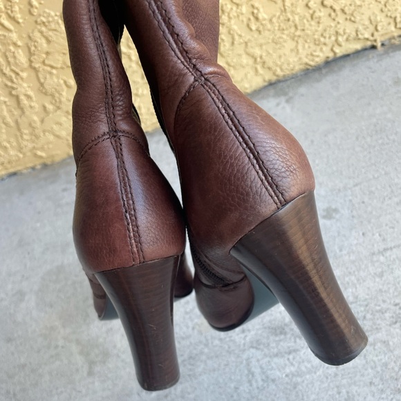 Miss Sixty Leather Brown Wood Heeled Boots 6.5 Narrow Chunky 90s Mid Calf Retro - Picture 6 of 8
